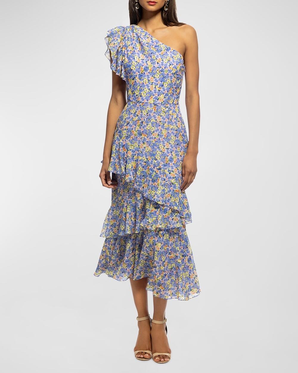 Shoshanna Lavender Purple Priya Floral Print One Shoulder Midi Cocktail Dress 0